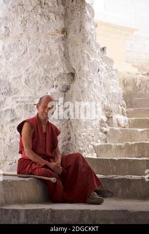 Portrait eines Mönchs auf einer Treppe im Kloster Diskit, auch bekannt als Deskit Gompa oder Diskit Gompa. Das Kloster ist das älteste und größte buddhistische Kloster im Nubra-Tal. Es gehört zur Gelugpa-Sekte des tibetischen Buddhismus. Ladakh, Jammu und Kaschmir, Indien Stockfoto