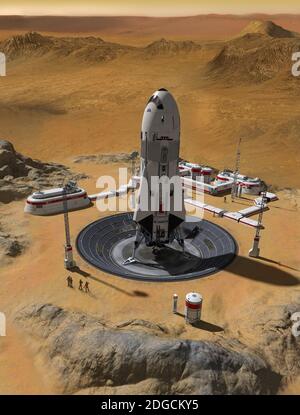 Menschliche Siedlungsbasis auf dem Planeten Mars mit einer Raketenstartrampe und einem Blick über den roten Planeten, 3d-Rendering. Stockfoto
