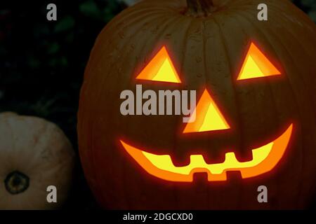 Halloween Kürbis orange, geschnitzte Jack Laterne, erschreckend feuriges Lächeln im Dunkeln Stockfoto