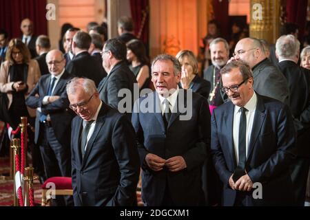 Francois Bayrou, Jean Francois Carenco während der Eröffnungszeremonie des französischen Präsidenten Emmanuel Macron als französischer Präsident im Salle des Fetes des Präsidentenpalastes Elysee in Paris, Frankreich, am 14. Mai 2017. Foto von Hamilton/Pool/ABACAPRESS.COM Stockfoto