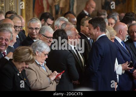 Francois Patriat, Benjamin Griveaux während der Eröffnungszeremonie des französischen Präsidenten Emmanuel Macron als französischer Präsident im Salle des Fetes des Präsidentenpalastes Elysee in Paris, Frankreich, am 14. Mai 2017. Foto von Hamilton/Pool/ABACAPRESS.COM Stockfoto