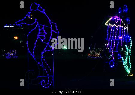 Weihnachtslichter zeigen nautische Szenen während einer Feiertagsfeier im Jones Park am 5. Dezember 2020 in Gulfport, Mississippi. Stockfoto