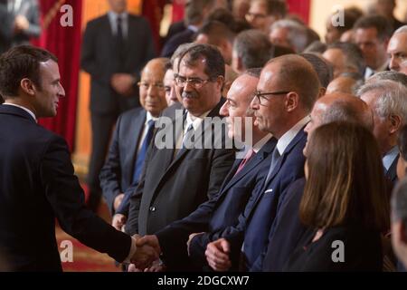 Emmanuel Macron und Pierre Gattaz während der Einweihungszeremonie des französischen Präsidenten Emmanuel Macron als französischer Präsident im Salle des Fetes des Präsidentenpalastes Elysee in Paris, Frankreich, am 14. Mai 2017. Foto von Hamilton/Pool/ABACAPRESS.COM Stockfoto