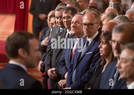 Emmanuel Macron und Pierre Gattaz während der Einweihungszeremonie des französischen Präsidenten Emmanuel Macron als französischer Präsident im Salle des Fetes des Präsidentenpalastes Elysee in Paris, Frankreich, am 14. Mai 2017. Foto von Hamilton/Pool/ABACAPRESS.COM Stockfoto