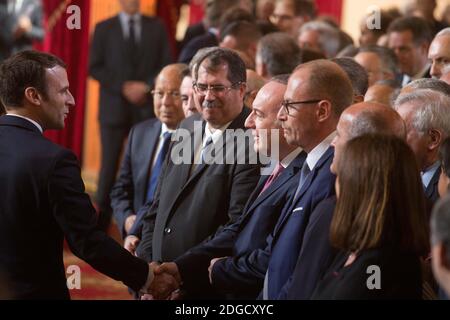 Emmanuel Macron und Pierre Gattaz während der Einweihungszeremonie des französischen Präsidenten Emmanuel Macron als französischer Präsident im Salle des Fetes des Präsidentenpalastes Elysee in Paris, Frankreich, am 14. Mai 2017. Foto von Hamilton/Pool/ABACAPRESS.COM Stockfoto