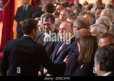 Emmanuel Macron und Pierre Gattaz während der Einweihungszeremonie des französischen Präsidenten Emmanuel Macron als französischer Präsident im Salle des Fetes des Präsidentenpalastes Elysee in Paris, Frankreich, am 14. Mai 2017. Foto von Hamilton/Pool/ABACAPRESS.COM Stockfoto