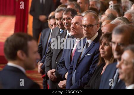 Emmanuel Macron und Pierre Gattaz während der Einweihungszeremonie des französischen Präsidenten Emmanuel Macron als französischer Präsident im Salle des Fetes des Präsidentenpalastes Elysee in Paris, Frankreich, am 14. Mai 2017. Foto von Hamilton/Pool/ABACAPRESS.COM Stockfoto