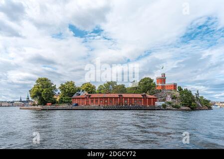 Blick auf Stockholms Insel Skeppsholmen vom Golf Stockfoto