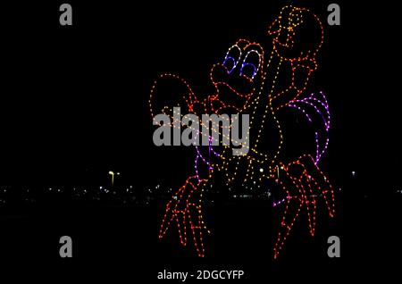 Weihnachtslichter zeigen einen Krabbelfisch, der während einer Feiertagsfeier im Jones Park am 5. Dezember 2020 in Gulfport, Mississippi, Cello spielt. Stockfoto