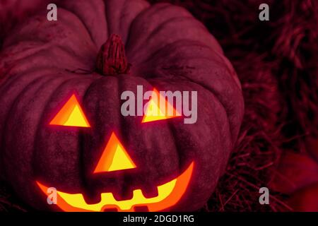 Scary halloween Kürbis geschnitzt brennendes Lächeln aus dem dunklen Dekor Stockfoto