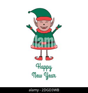 Happy New Year Grußkarte mit niedlichen Elf auf weißem Hintergrund. Stock Vektor