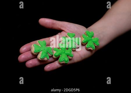 Vier Kleeblätter Keks Lebkuchen mit grünen Mastix auf Palmen Nahaufnahme St. Patrick's Day Stockfoto