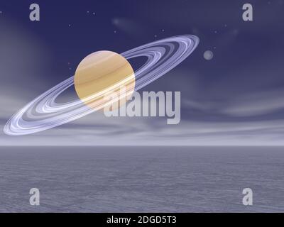 Saturn Planet in einer Traumlandschaft - 3d Render Stockfoto