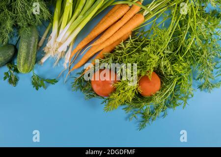Frisches Bio-Gemüse auf blauem Hintergrund. Stockfoto
