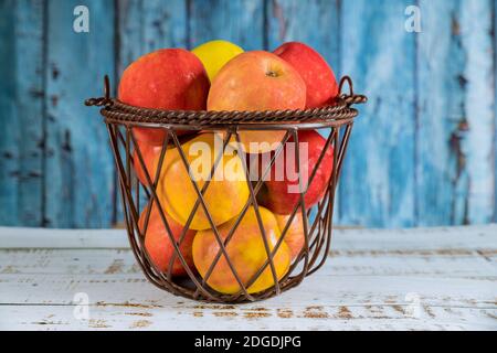 Obstkorb aus Stahl mit roten, orangefarbenen Äpfeln. Stockfoto