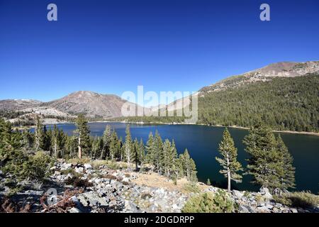 Tioga Lake, gleich außerhalb des Osteingangs zum Yosemite National Park in der Nähe von Lee Vining, Kalifornien, USA. Stockfoto