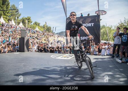 Jose Garcia, parrain de la 21 eme Edition du FISE ( Festival International des Sports d’Action) fait un essai de BMX Flat lors du Fise World Montpellier a Montpellier, France le dimanche 28 Mai 2017. Handout Foto von Edgerider-Fise/ABACAPRESS.COM Stockfoto