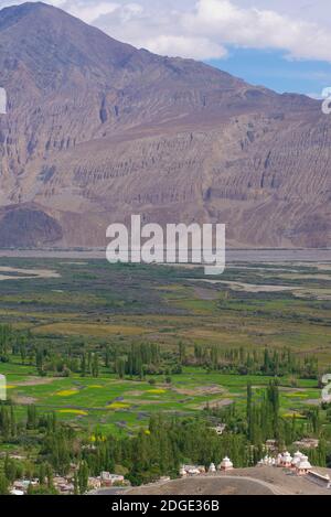 Blick auf die umliegenden Berge vom Diskit Kloster, auch bekannt als Deskit Gompa oder Diskit Gompa, Ladakh, Jammu & Kashmir, Nordindien Stockfoto