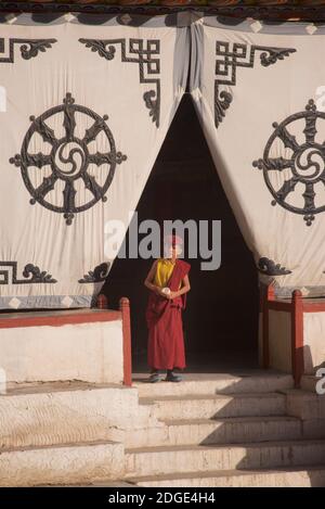 Am frühen Morgen im Hemis Kloster. Ein junger Novizenmönch am Eingang des Gebetshauses. Auf dem Stoffschirm am Eingang oben befindet sich das Dharmachakra - ein typisches Dharma-Rad mit 8 Speichen, die den Achtfachen Pfad repräsentieren - das älteste, universelle Symbol für Buddhismus. Hemis Kloster, Hemis, Ladakh, Jammu und Kaschmir, Indien. Stockfoto