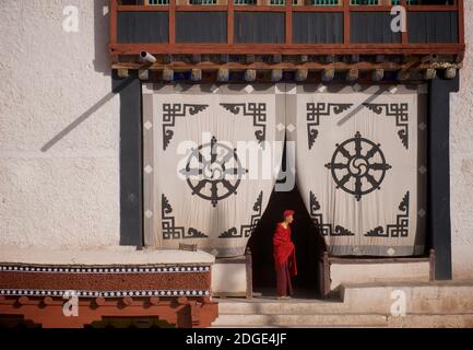 Am frühen Morgen im Hemis Kloster. Ein junger Mönch am Eingang des Gebetshauses. Auf dem Stoffschirm am Eingang oben ist die Dharmachakra - A Stockfoto