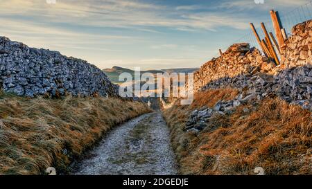 Goat Scar Lane oberhalb von Stainforth in Ribblesdale, North Yorkshire mit Smearset Scar im Hintergrund Stockfoto