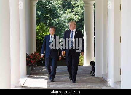 US-Präsident Donald Trump und Präsident Moon der Republik Korea gehen an der Kolonnade vorbei, bevor sie am 30. Juni 2017 im Rosengarten des Weißen Hauses in Washington, DC, eine gemeinsame Erklärung abgeben. Foto von Olivier Douliery/ Abaca Stockfoto