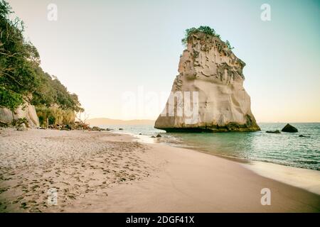 Erstaunlicher Te Hoho Rock bei Sonnenuntergang, Cathedral Cove Marine Reserve, Coromandel Peninsula, Neuseeland Stockfoto