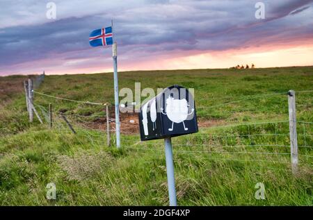 Schöne Landschaft von Island mit Briefkasten und Staatsflagge Stockfoto