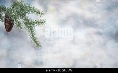 Das Hintergrundbild mit der Textur der Schnee und Zweige mit Zapfen Fichte. 3D-Rendering Stockfoto