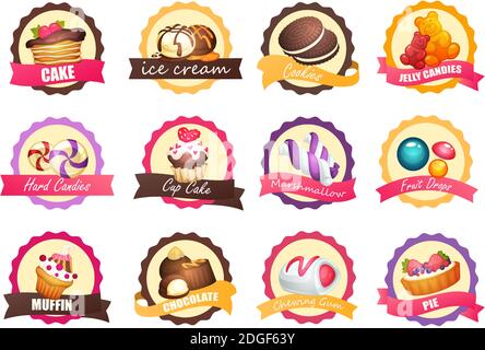 Satz von Logos mit verschiedenen Süßigkeiten Stock Vektor