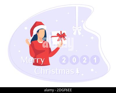 Vektorgrafik „Frohe Weihnachten“. Frau hält Geschenkbox für Neujahr Partei. Weihnachtsplakate, Banner, Deckkarten, Broschüren, Flyer. Stock Vektor