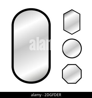 Moderne Spiegel. Ovale und quadratische Spiegel mit schwarzem Rahmen. Einrichtung im Haus oder Bad. Stock Vektor