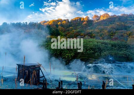 Blick in Tamagawa Onsen am Morgen Stockfoto