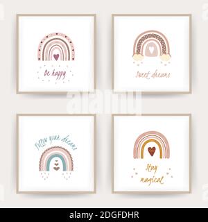Poster mit Boho-Regenbögen. Lettering Süße Träume und glücklich sein. Stock Vektor