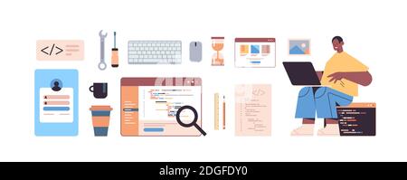 Männliche Web-Entwickler mit Laptop erstellen Programm-Code-Entwicklung von Software- und Programmiersymbole stellen horizontale Vektordarstellung in voller Länge ein Stock Vektor
