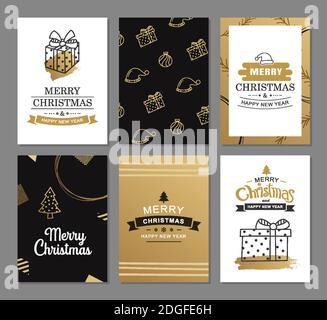 Frohe weihnachten Grußkarten mit Gold Luxus Dekoration Vorlagen. Set von Urlaubsplakaten, Tag, Banner, Postkartendesign. Stock Vektor