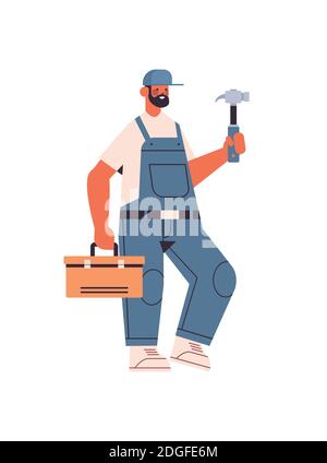 Professionelle Werkstatt in Uniform halten Hammer und Werkzeugkasten Hauswartung Reparatur-Service-Konzept volle Länge vertikale isolierte Vektor-Illustration Stock Vektor