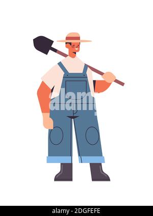 Männlicher Bauer in Uniform halten Schaufel ökoLandwirtschaft landwirtschaftliche Industrie Konzept vertikale volle Länge Vektor-Illustration Stock Vektor