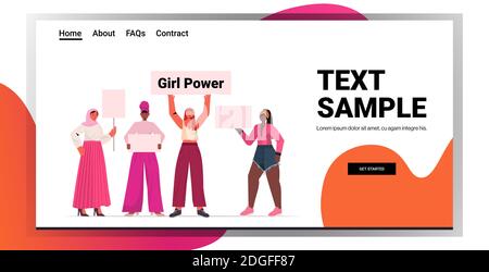 Mix race girls AktivistInnen halten Plakate weibliche Empowerment Bewegung Frauen Power Concept volle Länge horizontale Kopie Raum Vektor-Illustration Stock Vektor