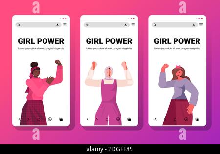 Mix Rennen Frauen halten erhobenen Händen weibliche Ermächtigung Bewegung Girl Power Union von Feministinnen Konzept Smartphone-Bildschirme Sammlung kopieren Horizontale Vektordarstellung des Raums Stock Vektor
