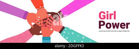 Die Hände der Mischung race Gruppe der Frauen, die zusammen weiblich Empowerment Bewegung Mädchen Macht Vereinigung von Feministinnen Konzept horizontale Kopie Vektordarstellung für den Raum Stock Vektor