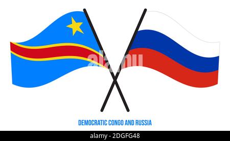 Demokratische Kongo und Russland Flaggen gekreuzt & winken Flat Style. Offizieller Anteil. Korrekte Farben. Stockfoto