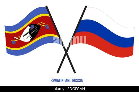 Eswatini und Russland Flaggen gekreuzt und winken Flat Style. Offizieller Anteil. Korrekte Farben. Stockfoto