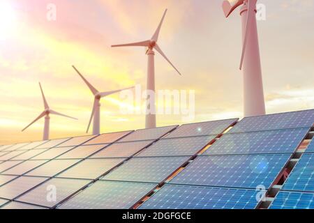 Windgeneratoren Turbinen und Sonnenkollektoren bei Sonnenuntergang. 3d-Illustration Stockfoto