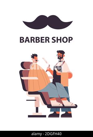 Stilvolle Friseur schneiden Haare des Kunden männlichen Friseur in Uniform Trendige Frisur Barbershop Konzept voller Länge isoliert vertikalen Vektor Illustration Stock Vektor