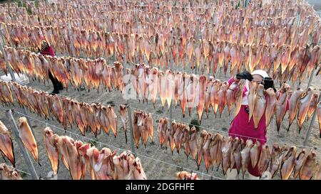 Fischer trocknen Fische in einem Hof in der Stadt Rongcheng, ostchinesische Provinz Shandong, 27. November 2020. Stockfoto