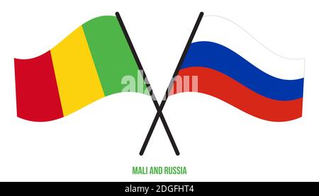 Mali und Russland Flaggen gekreuzt und winken Flat Style. Offizieller Anteil. Korrekte Farben. Stockfoto