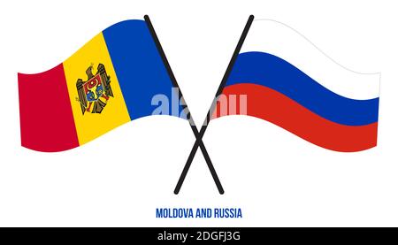 Moldawien und Russland Flaggen gekreuzt und winken Flat Style. Offizieller Anteil. Korrekte Farben. Stockfoto