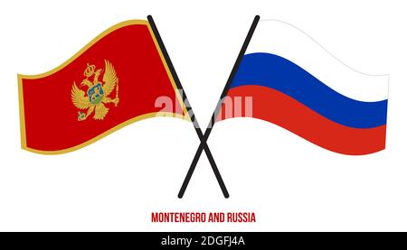 Montenegro und Russland Flaggen gekreuzt und winken Flat Style. Offizieller Anteil. Korrekte Farben. Stockfoto