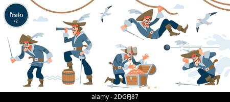 Pirat. Piratencharakter in verschiedenen Situationen. Vektorgrafik. Stock Vektor